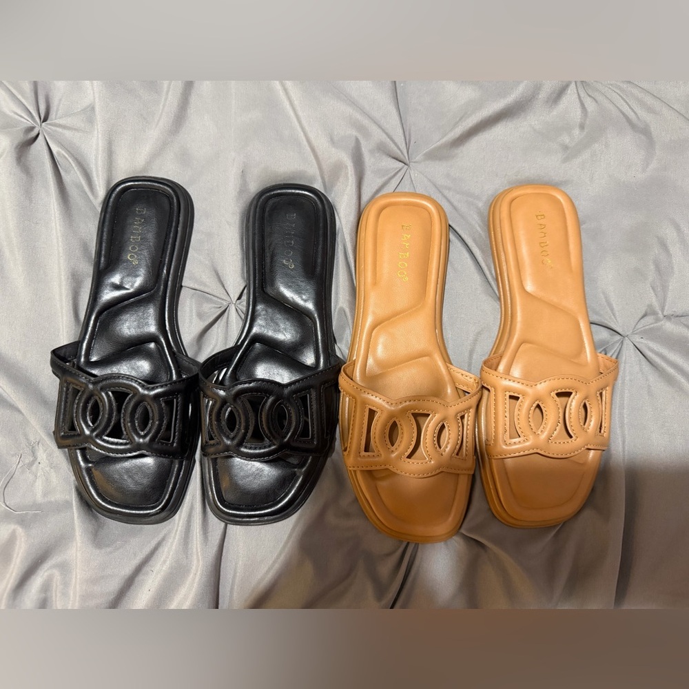 BAMBOO Black & Tan Interlocking Strap Slide Sandals